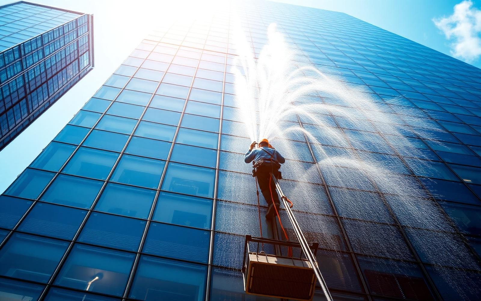 Professional crew cleaning the glass façade of a high-rise office tower in Karachi